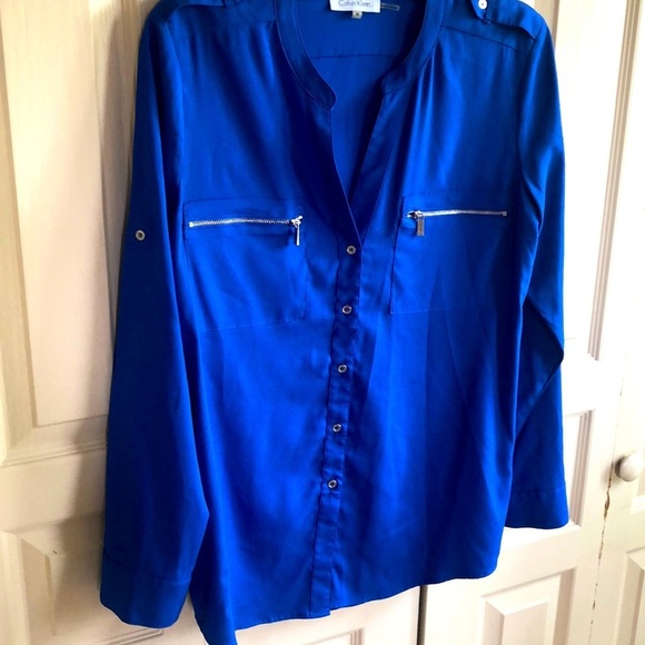 Calvin Klein Womans LS Blue Shirt Size M 100% Polyester - Picture 1 of 8